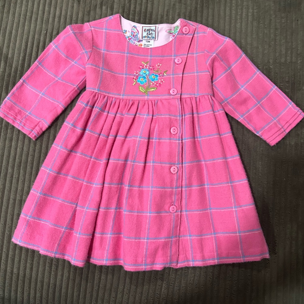 Girls' Pink Plaid Button-Front Dress with Floral Embroidery
